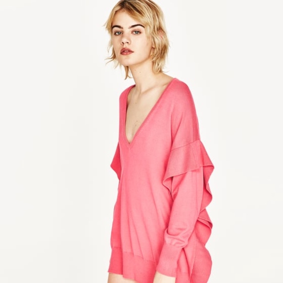 Zara Sweaters - NWT Zara Bright Pink Flounce Ruffle Sleeve Sweater